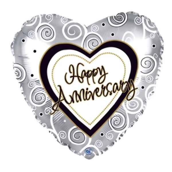 Heart-shaped silver balloon with "Happy Anniversary" text