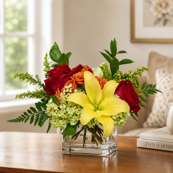 Bouquet of red roses and a yellow lily in a clear square vase