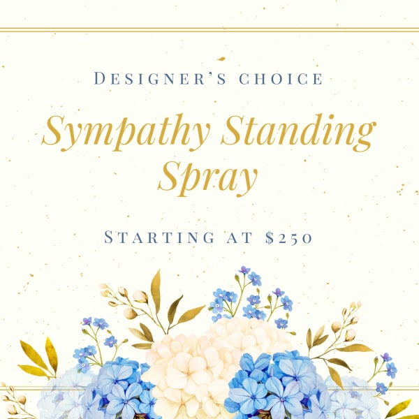 Sympathy standing spray with blue and white flowers
