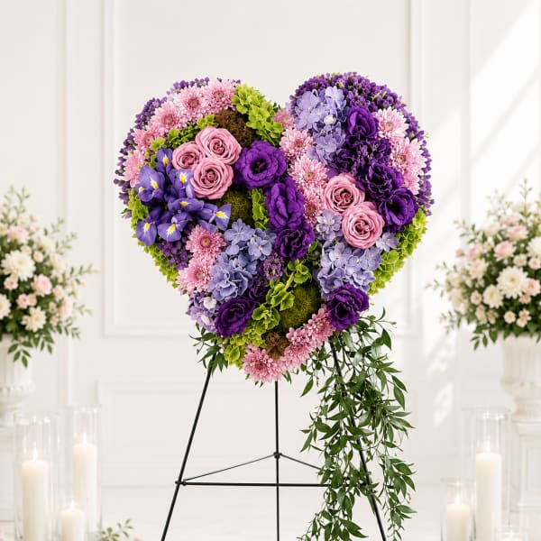 Heart-shaped floral arrangement in pink, purple, and lavender on a stand
