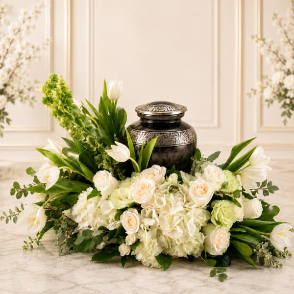 Cremation Urn with White Flowers