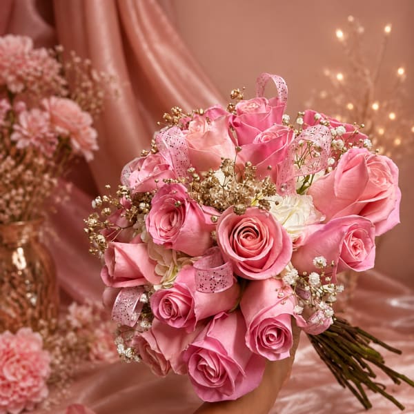 Pink rose bouquet with white filler flowers and ribbon accents