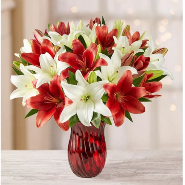 Red and white lilies arranged in a red glass vase