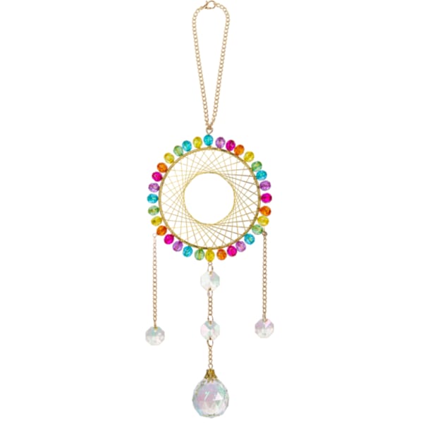 Rainbow beaded dreamcatcher pendant with dangling crystals