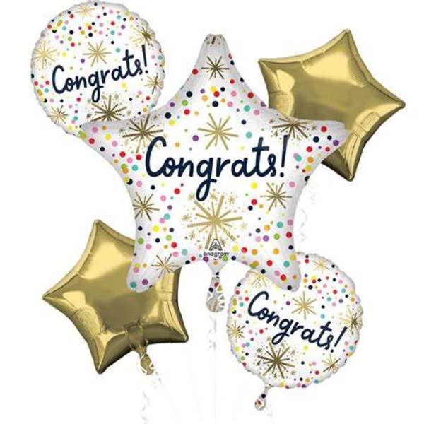Cluster of congratulatory star-shaped and round balloons with gold accents