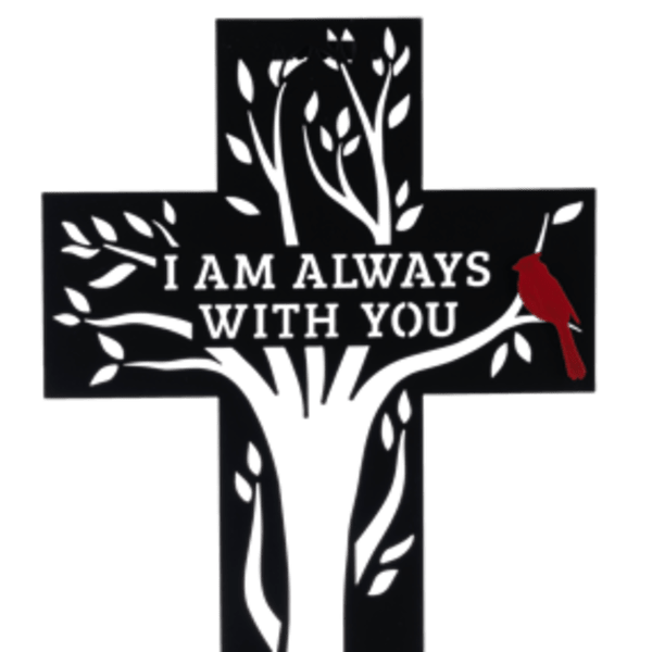 Black memorial cross stake with white tree design and red bird