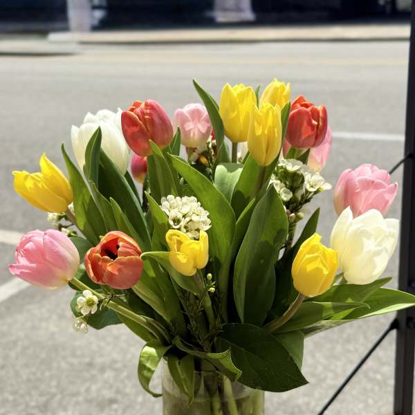 Mixed tulips in pink, yellow, white, and red in a glass vase