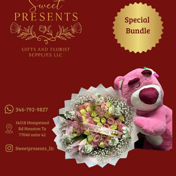 Pink rose bouquet with a plush teddy bear on a red background