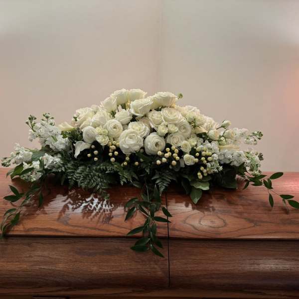Half casket all white traditional spray