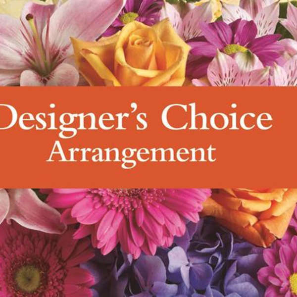 Designer’s Choice Arrangement text over a collage of colorful flowers