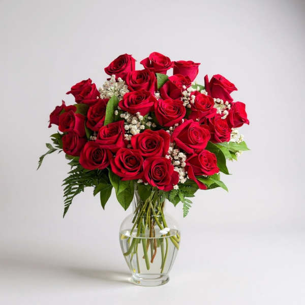 Red roses arranged in a clear glass vase with white filler flowers