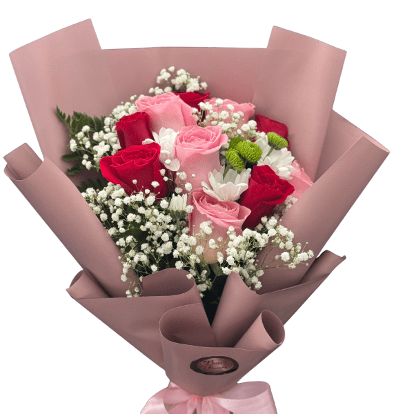 Bouquet of pink and red roses with white filler flowers in pink wrap