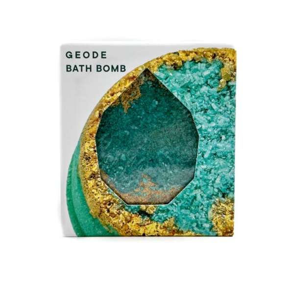 Boxed geode bath bomb with teal and gold crystal-like design