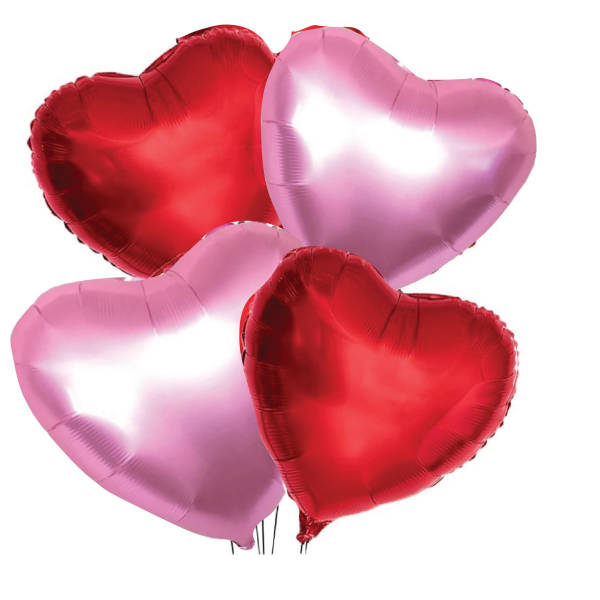 Four heart-shaped foil balloons in red and pink
