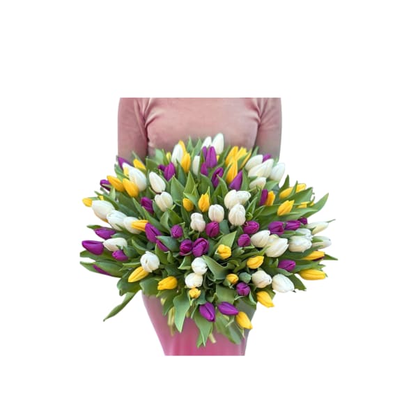 Large bouquet of purple, yellow, and white tulips