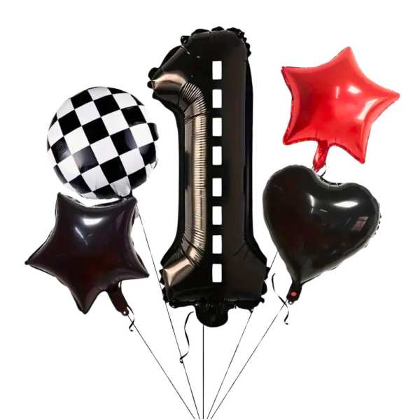 Cluster of number-shaped and star balloons in black, red, and checkered patterns