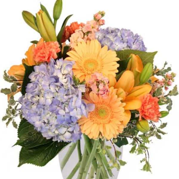 Mixed bouquet of lilies, gerbera daisies, hydrangeas, and carnations in a glass vase