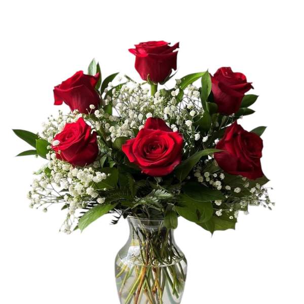 Six red roses with white filler flowers arranged in a clear glass vase