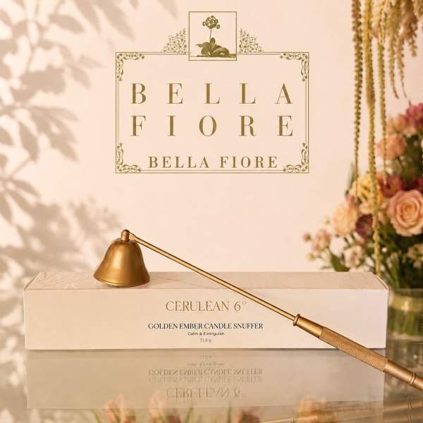 Gold candle snuffer on a box with a floral backdrop
