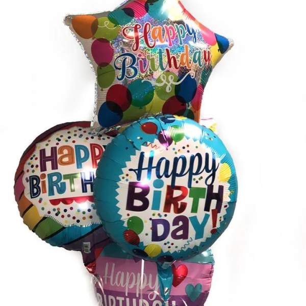 Cluster of colorful birthday balloons with "Happy Birthday" text