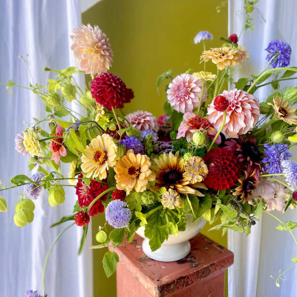 Colorful mixed flower arrangement in a white pedestal vase