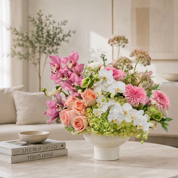 Mixed pink, white, and peach flowers arranged in a white vase