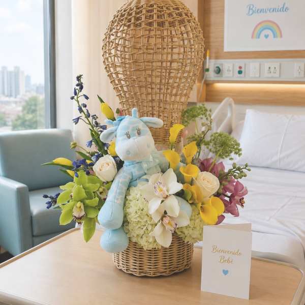 Basket arrangement with a plush giraffe and mixed flowers