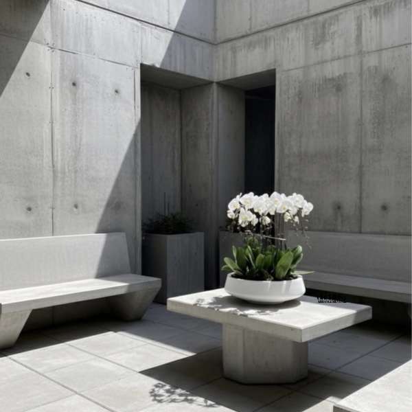 White orchids in a low white planter on a concrete table
