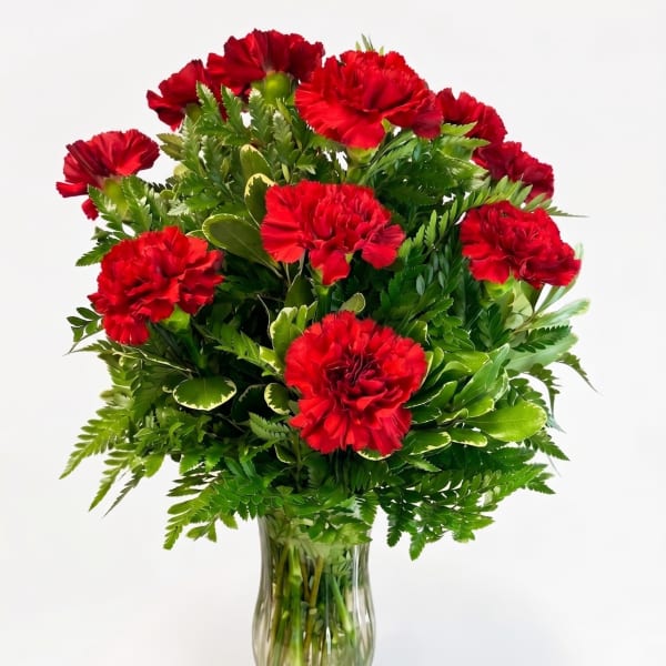 Red carnations arranged in a clear glass vase