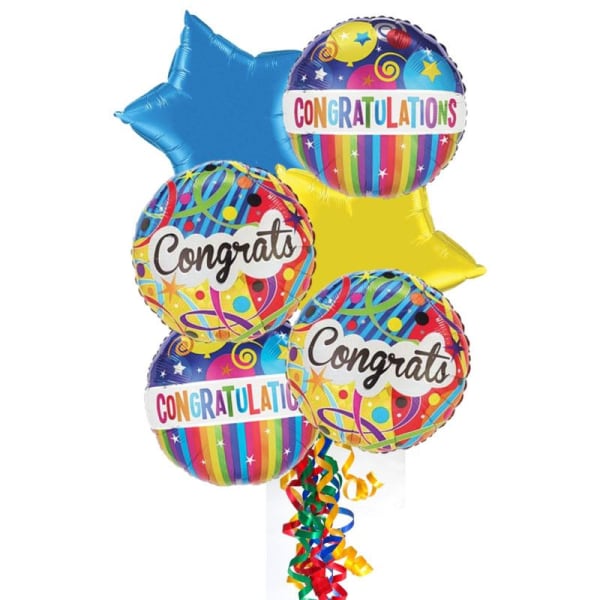 Cluster of colorful congratulatory balloons with star shapes and ribbons