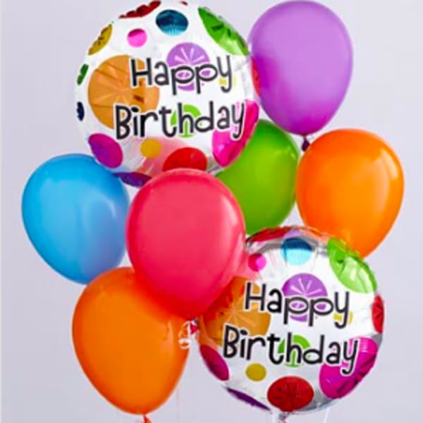 Cluster of colorful birthday balloons with two "Happy Birthday" foil balloons