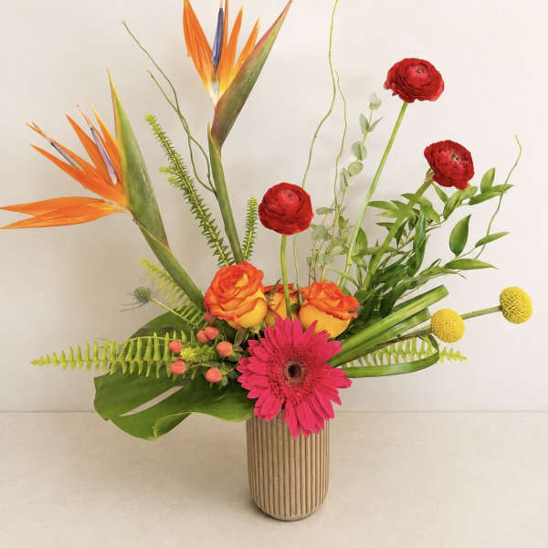 Tropical bouquet with orange bird-of-paradise, red ranunculus, and pink gerbera in a ribbed vase