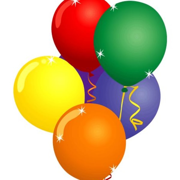 Cluster of colorful balloons with curling ribbons