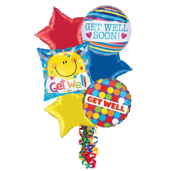 Cluster of colorful get well balloons with ribbon tails