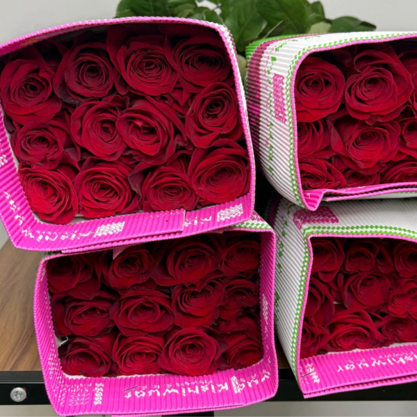 Four boxes of red roses arranged in a stacked display