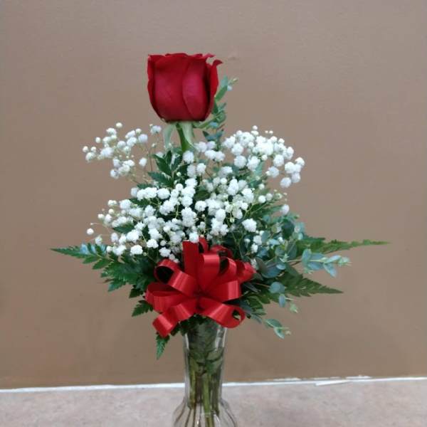 Single red rose in a glass vase with white baby's breath and a red bow