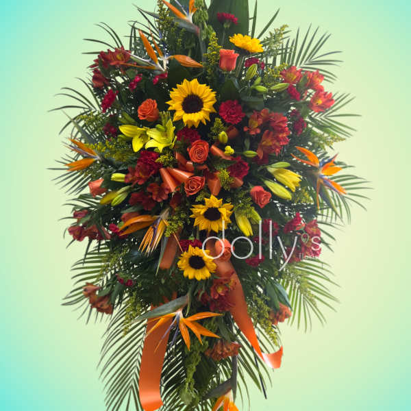 Tall tropical floral spray with sunflowers, roses, and orange bird-of-paradise