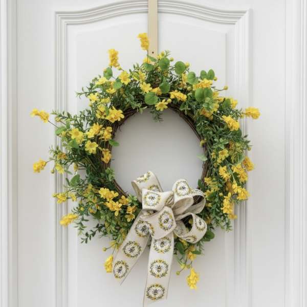 Yellow floral wreath with a patterned ribbon bow on a white door