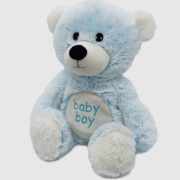 Light blue teddy bear plush with "baby boy" on its belly