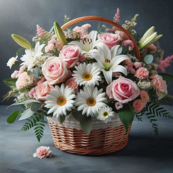 Basket arrangement of pink roses, white lilies, and daisies