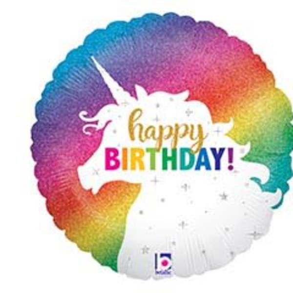 Rainbow birthday balloon with "happy BIRTHDAY!" text