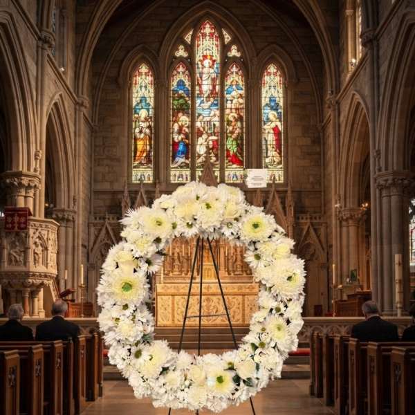 White floral wreath on a stand inside a church