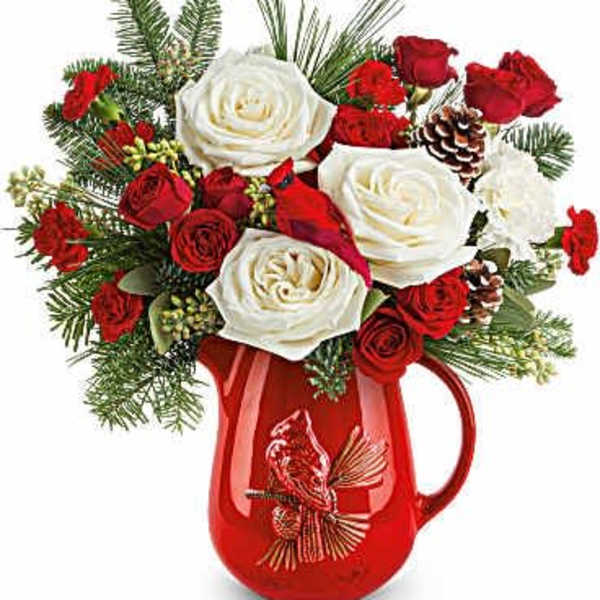 Red and white roses arranged in a red pitcher with pine accents