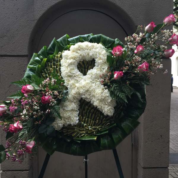 Roses and Carnation with Ti leaf surround wreath - F35009
