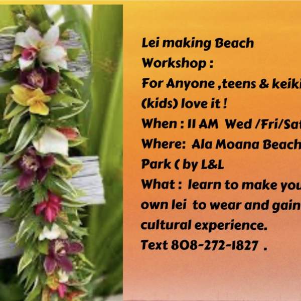 Flower lei with mixed blossoms and greenery beside workshop text
