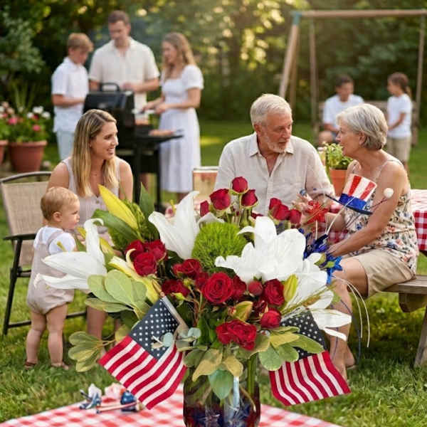 Red roses and white lilies in a glass vase with small American flags