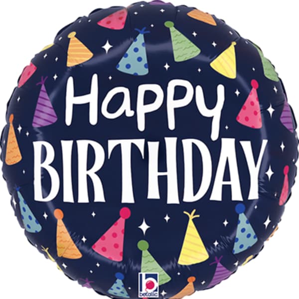 Round birthday balloon with colorful party hats and "Happy Birthday" text