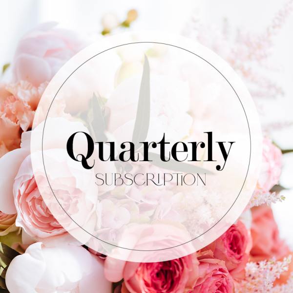 Pink floral arrangement with a "Quarterly Subscription" label