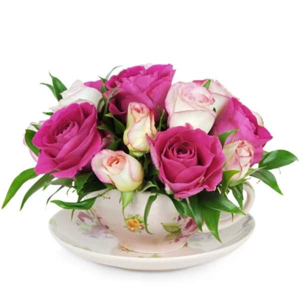 Pink and white roses arranged in a floral teacup with saucer