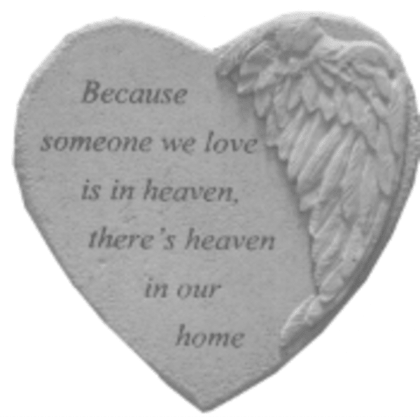 Heart-shaped memorial plaque with angel wing and engraved text